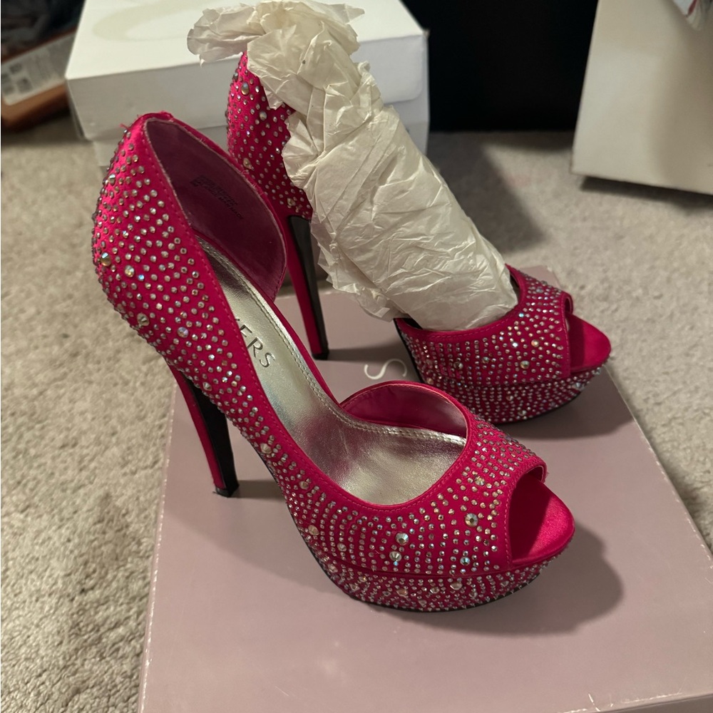 Bakers Fuchsia Rhinestone Peep-Toe Heels - Picture 2 of 5